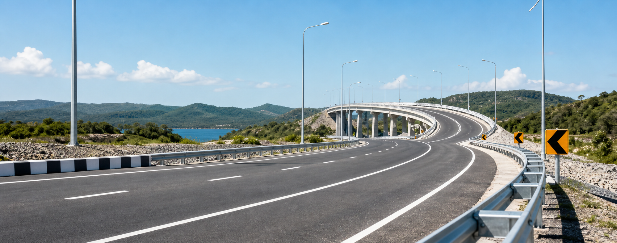Roadway, bridge, guard rail, and lighting overview