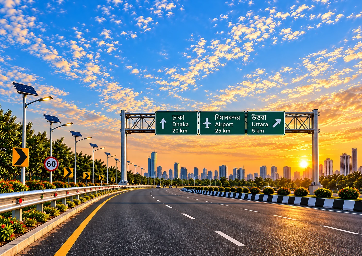 Highway at sunset with solar streetlights, guardrails and signs for Dhaka, Airport and Uttara