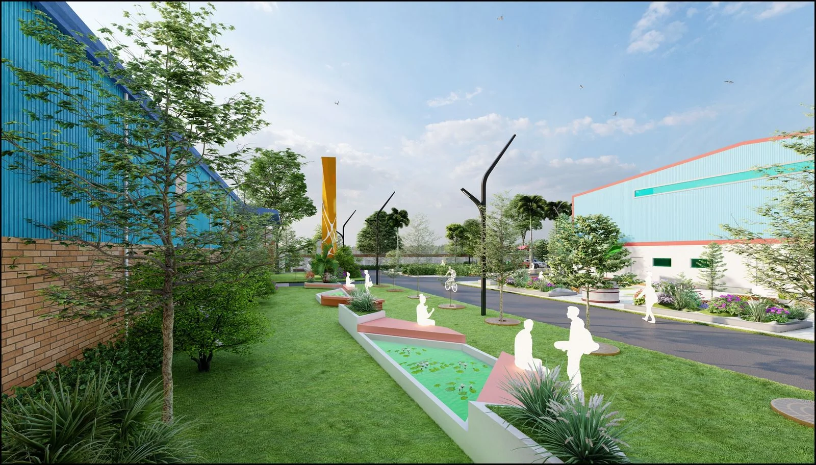 Design rendering of a landscaped path and buildings — RHD- Tejgaon