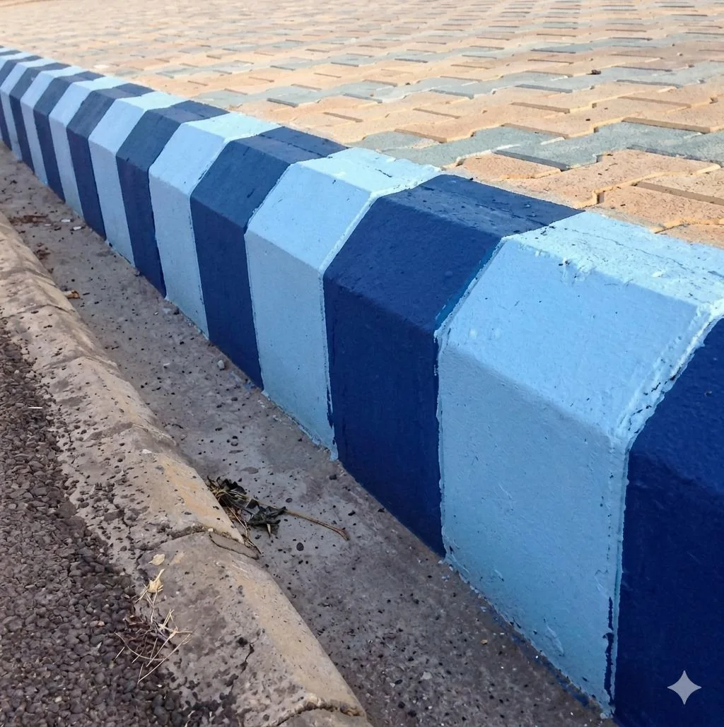 Blue and white painted kerb stones beside paving