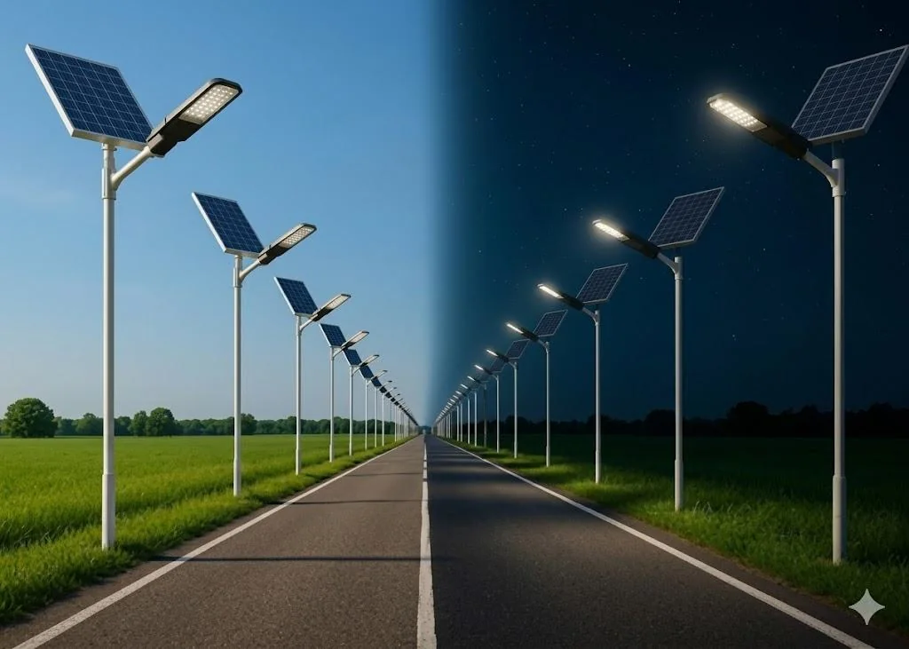 Day and night views of solar street lighting
