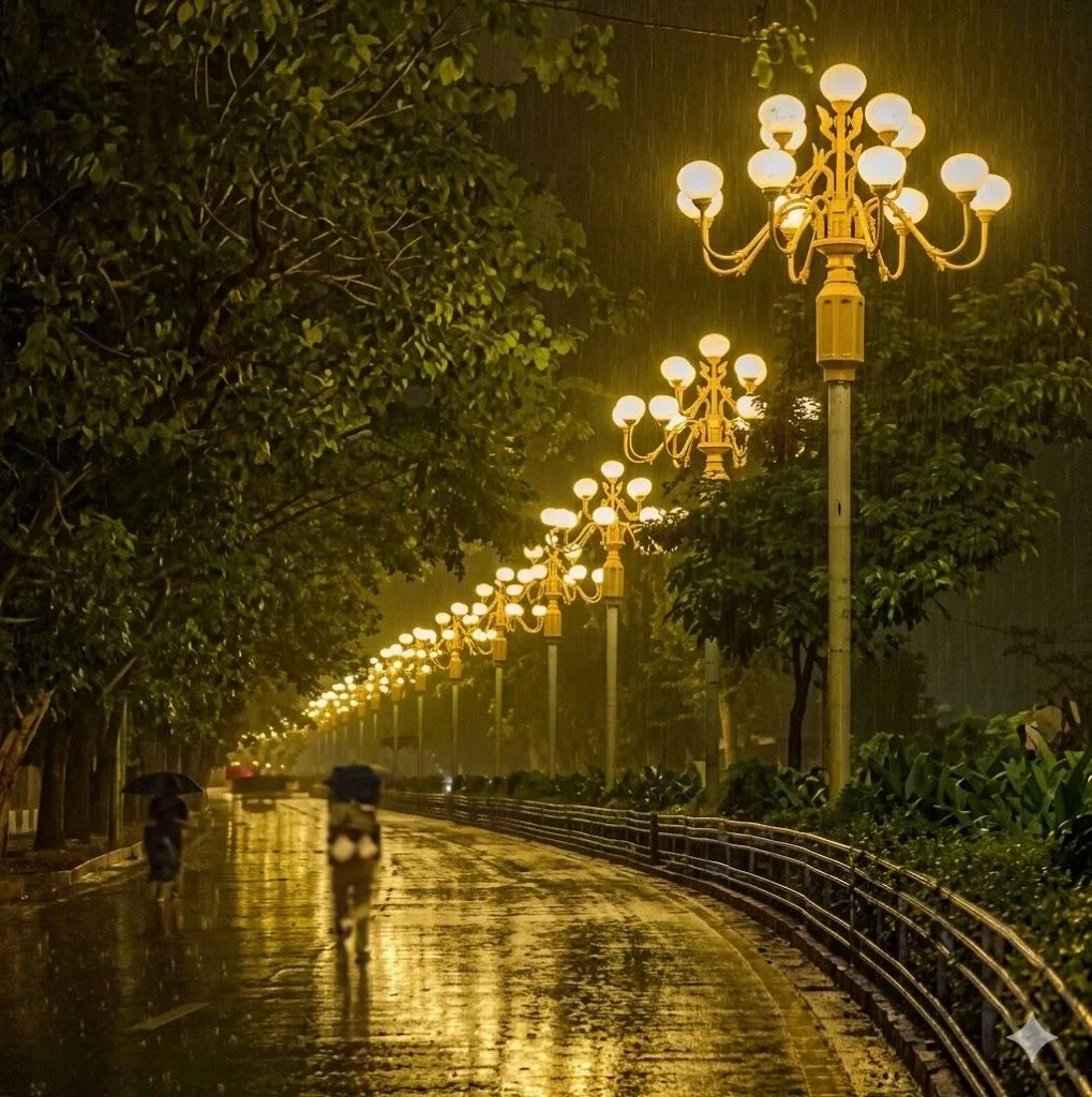 Decorative street lamps illuminating a road at night
