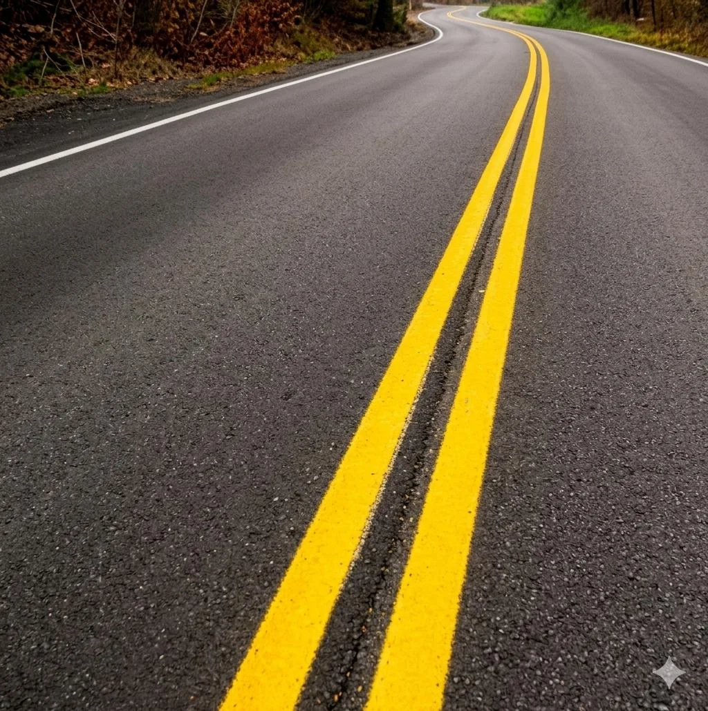 Double yellow centre lines on asphalt
