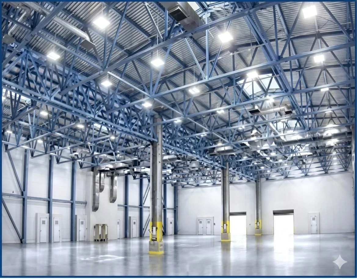 High-bay lighting in a large industrial interior