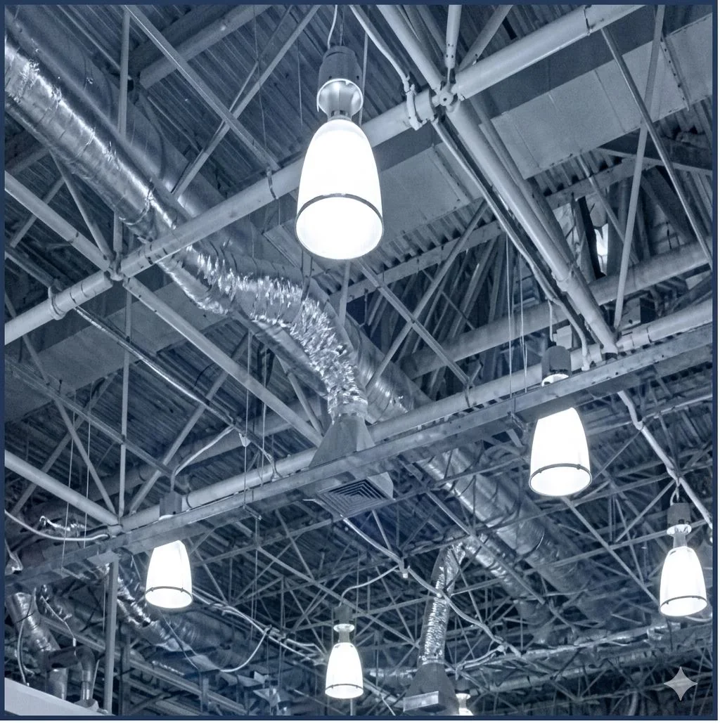Lighting fixtures beneath steel roof trusses