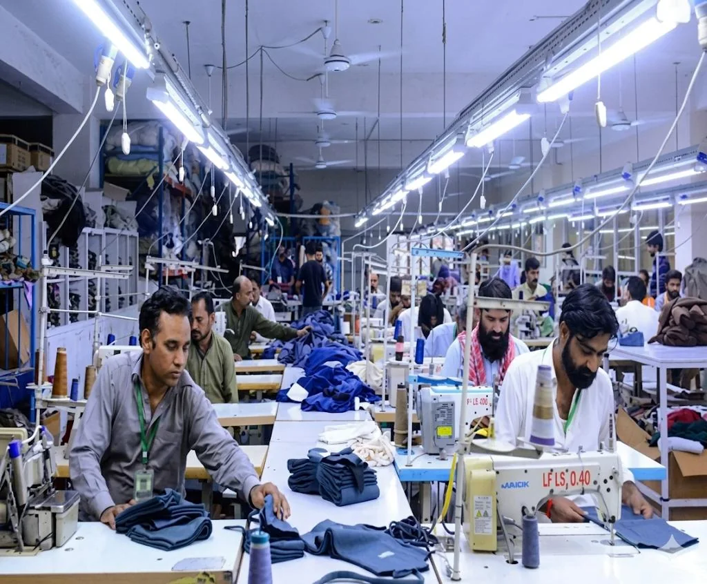 Garment production floor lit by rows of overhead LED fittings