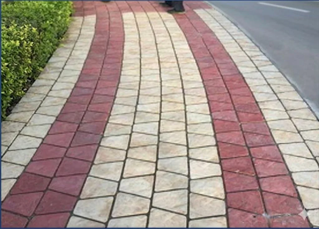 Red and grey tiled pedestrian walkway