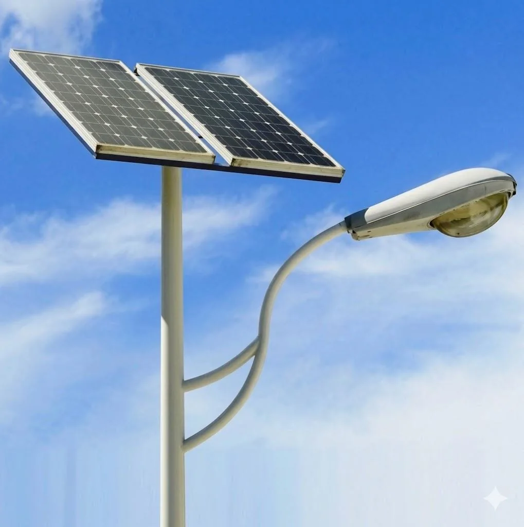 Solar panel and street light mounted on a pole