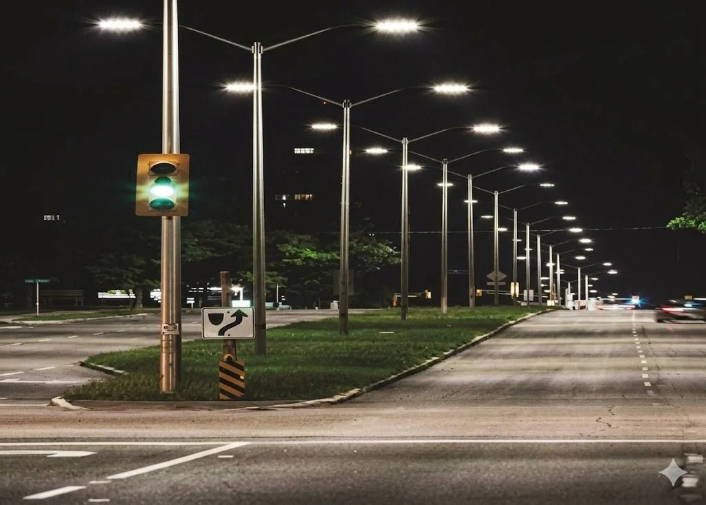 Street lighting along a landscaped road at night
