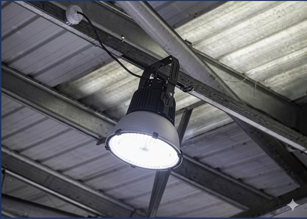 Industrial light fixture under roof structure